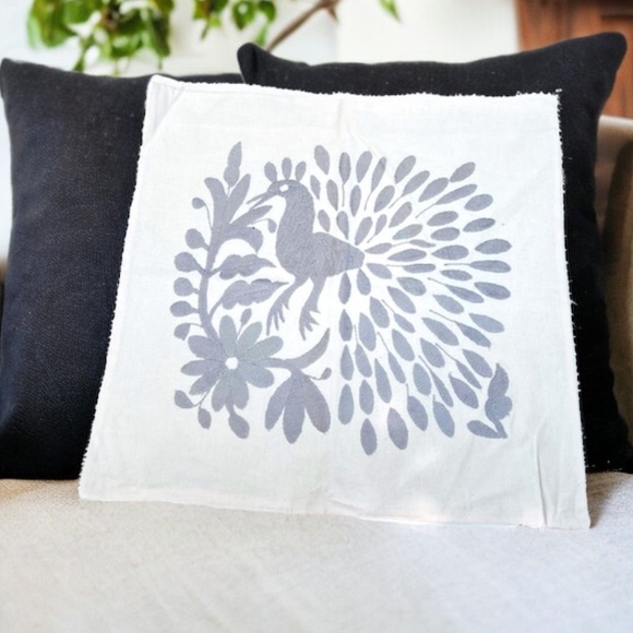 Authentic Otomi Peacock Accent Pillow Case in Silver and white